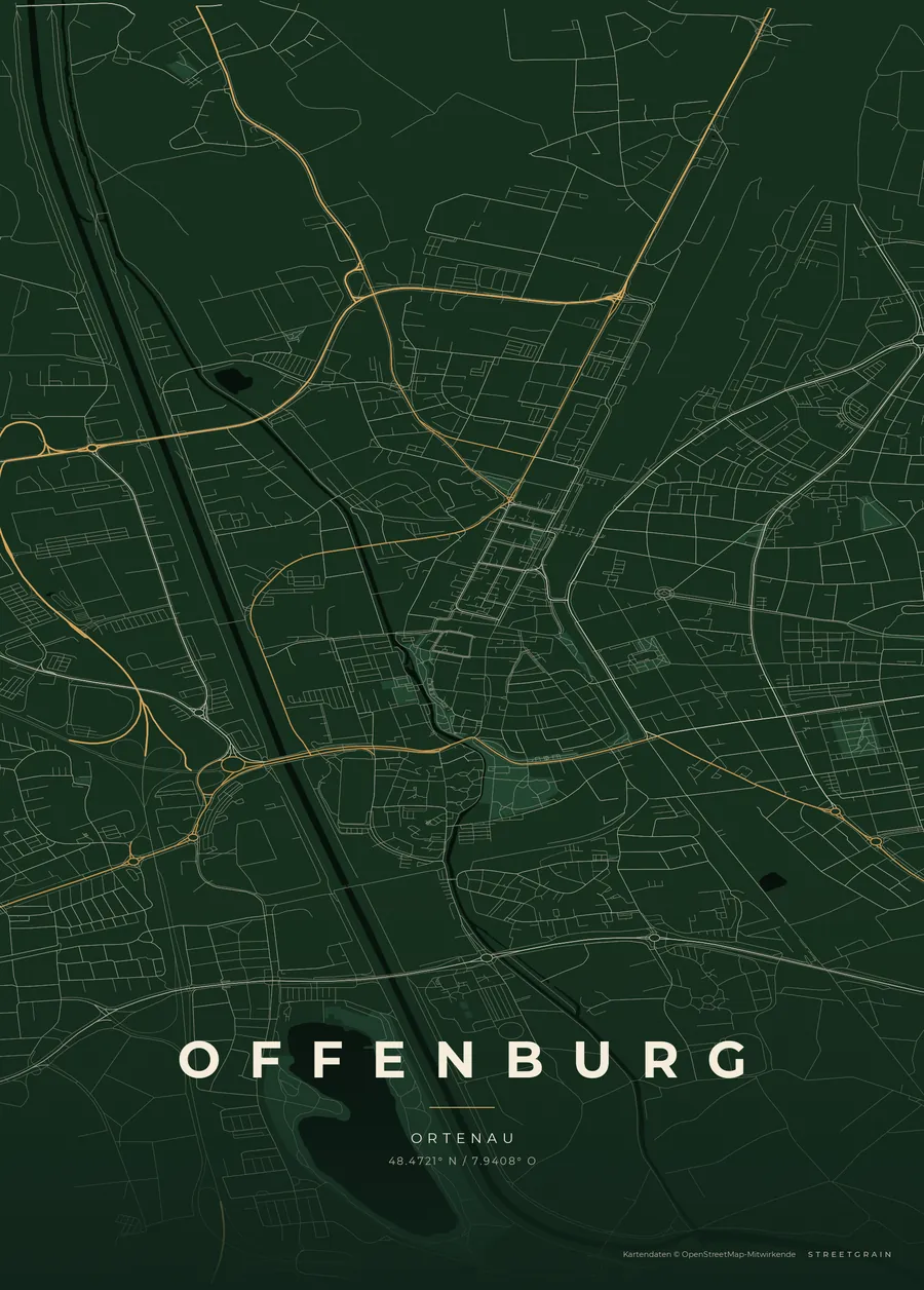 Offenburg-Karte in Schwarzwaldgrün mit cremefarbenen Straßen