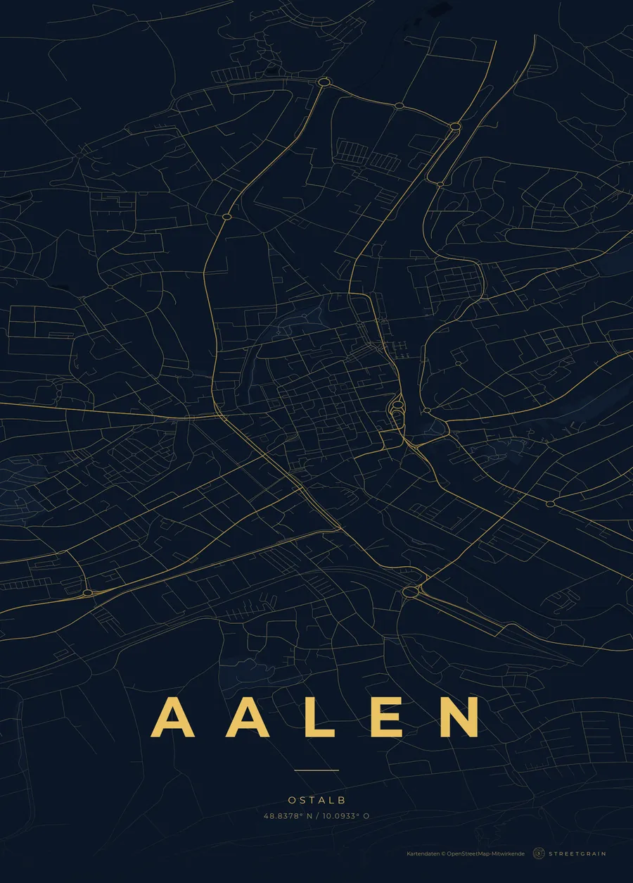 Aalen-Karte in Nachtblau mit goldenen Hauptstraßen