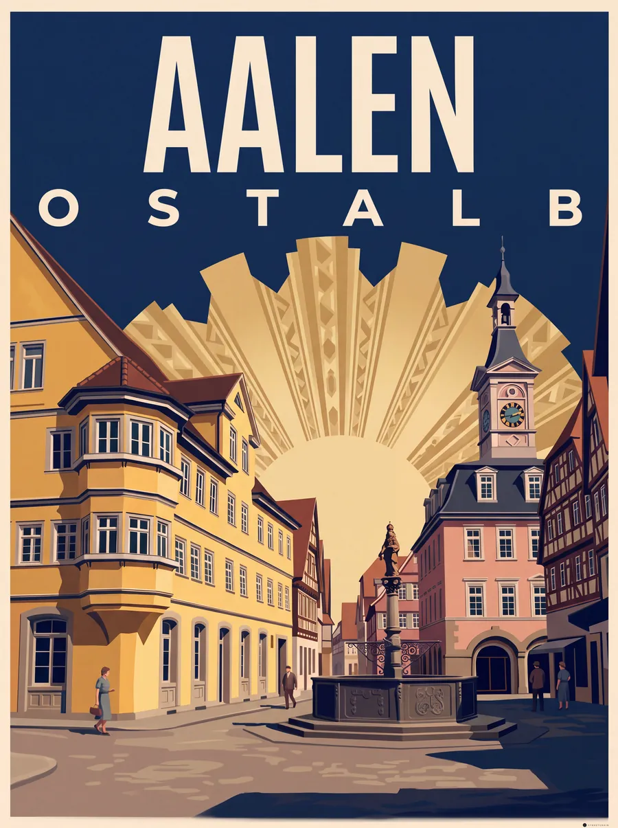 Aalener Marktplatz mit Altem Rathaus und Marktbrunnen, Art déco