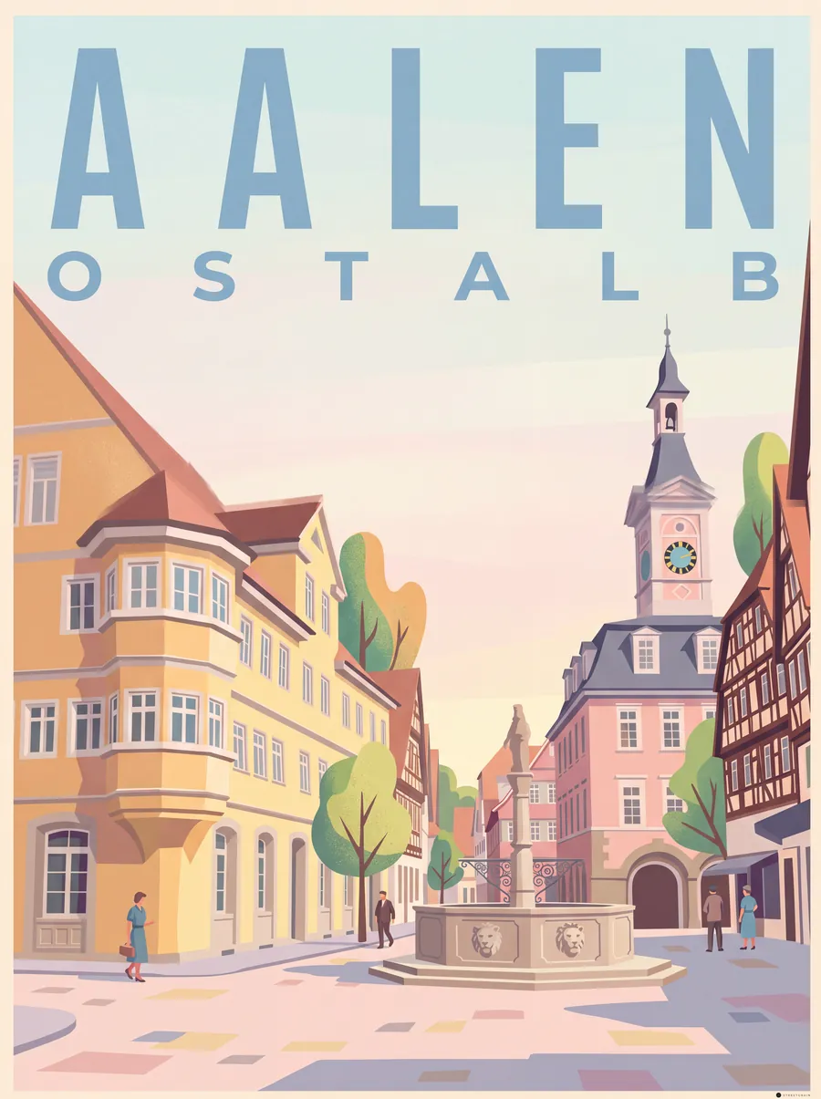 Aalener Marktplatz mit Altem Rathaus und Marktbrunnen, Mid-Century