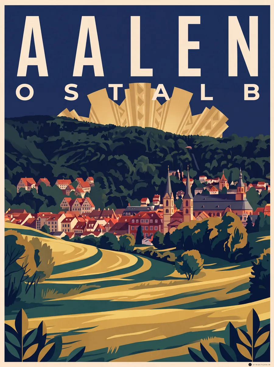 Aalen im Kochertal mit bewaldeten Höhen der Ostalb, Art déco