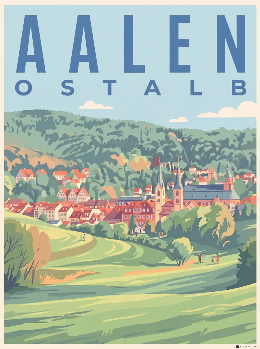Aalen im Kochertal mit bewaldeten Höhen der Ostalb, Mid-Century