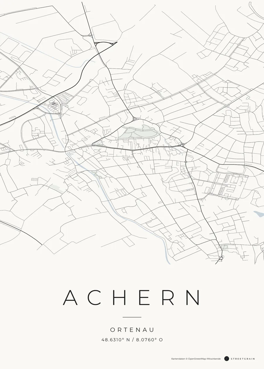 Achern-Karte in dunkle Straßen auf Weiß
