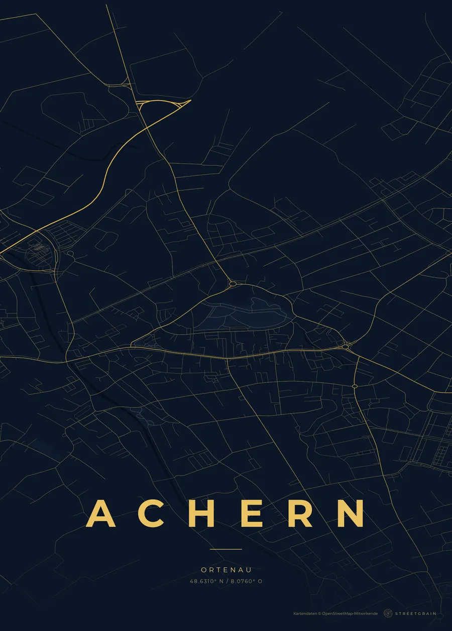 Achern-Karte in Nachtblau mit goldenen Hauptstraßen
