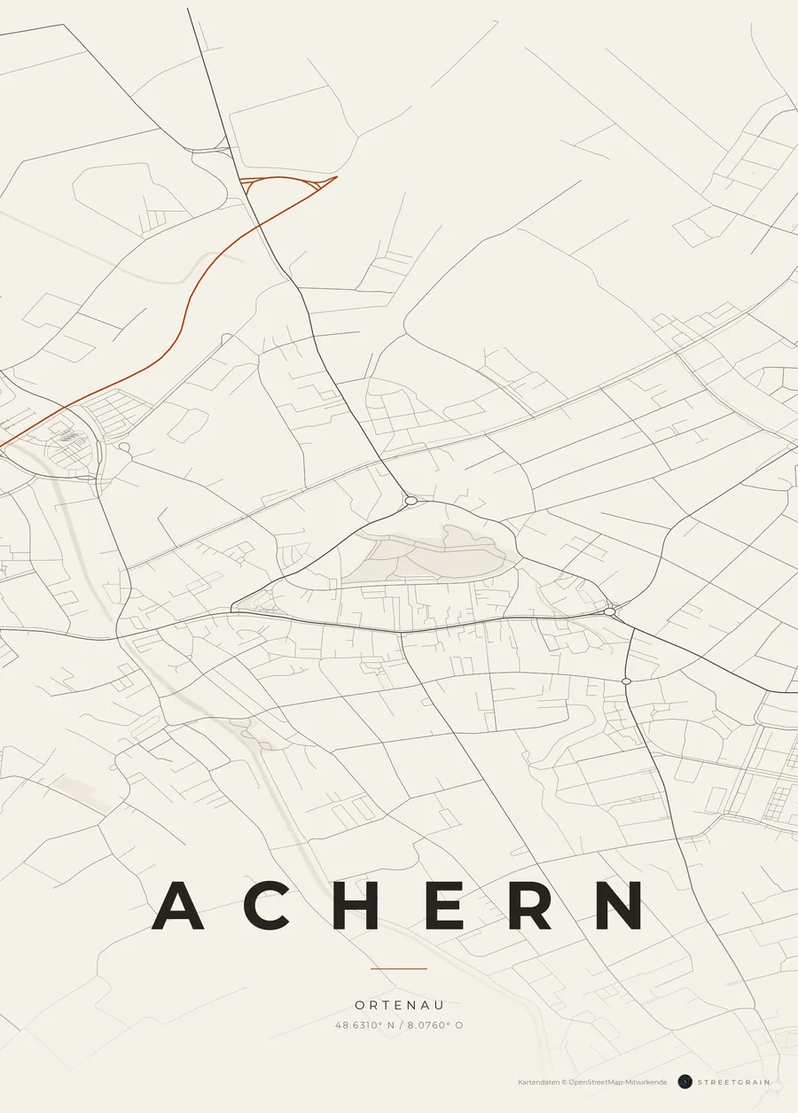 Achern-Karte in Papierweiß mit rostroten Hauptstraßen