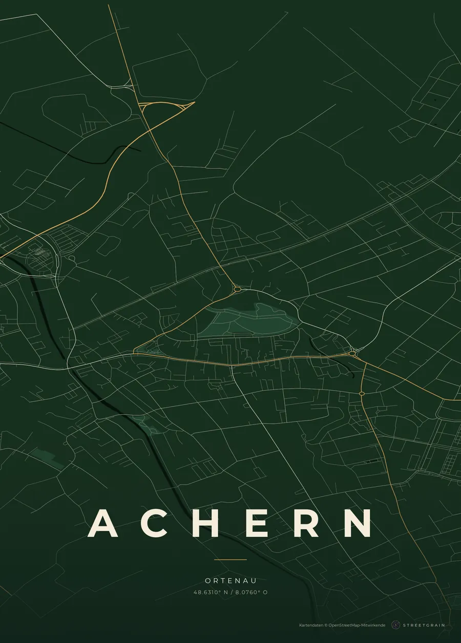 Achern-Karte in Schwarzwaldgrün mit cremefarbenen Straßen