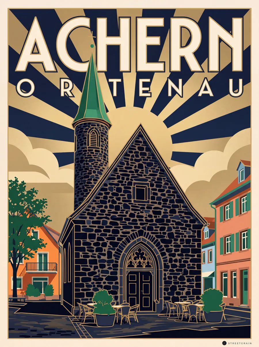 Nikolauskapelle in Achern mit spitzem Turm, Art déco