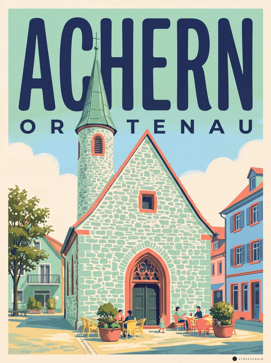 Nikolauskapelle in Achern mit spitzem Turm, Mid-Century