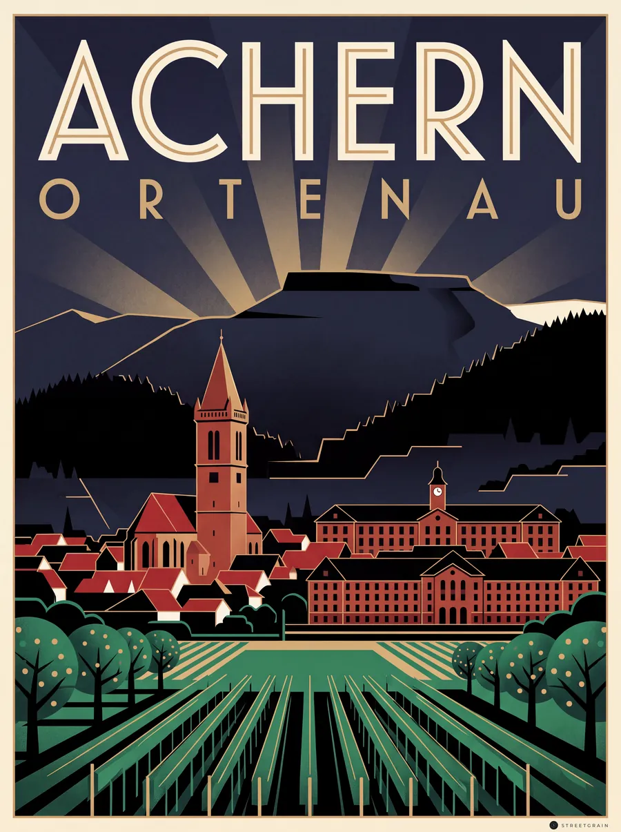 Achern mit Kirchturm und Illenau über Reben, dahinter der Schwarzwald, Art déco