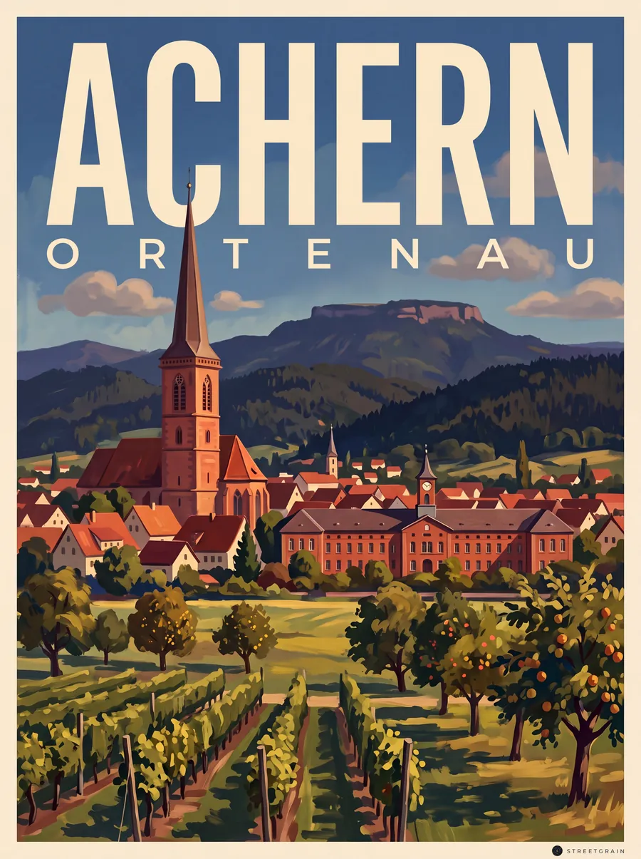 Achern mit Kirchturm und Illenau über Reben, dahinter der Schwarzwald, Malerisch