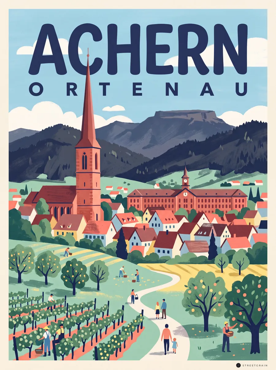 Achern mit Kirchturm und Illenau über Reben, dahinter der Schwarzwald, Mid-Century