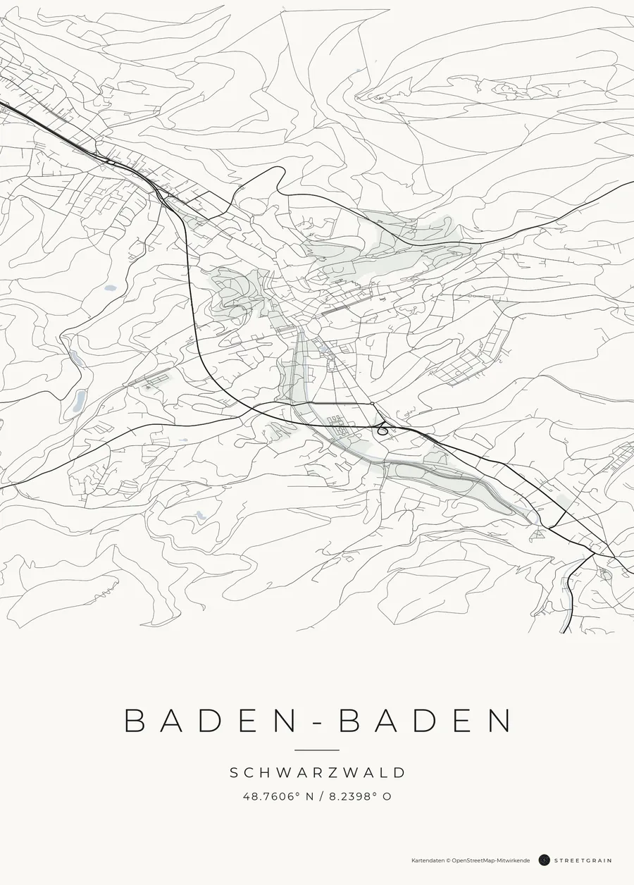 Baden-Baden-Karte in dunkle Straßen auf Weiß