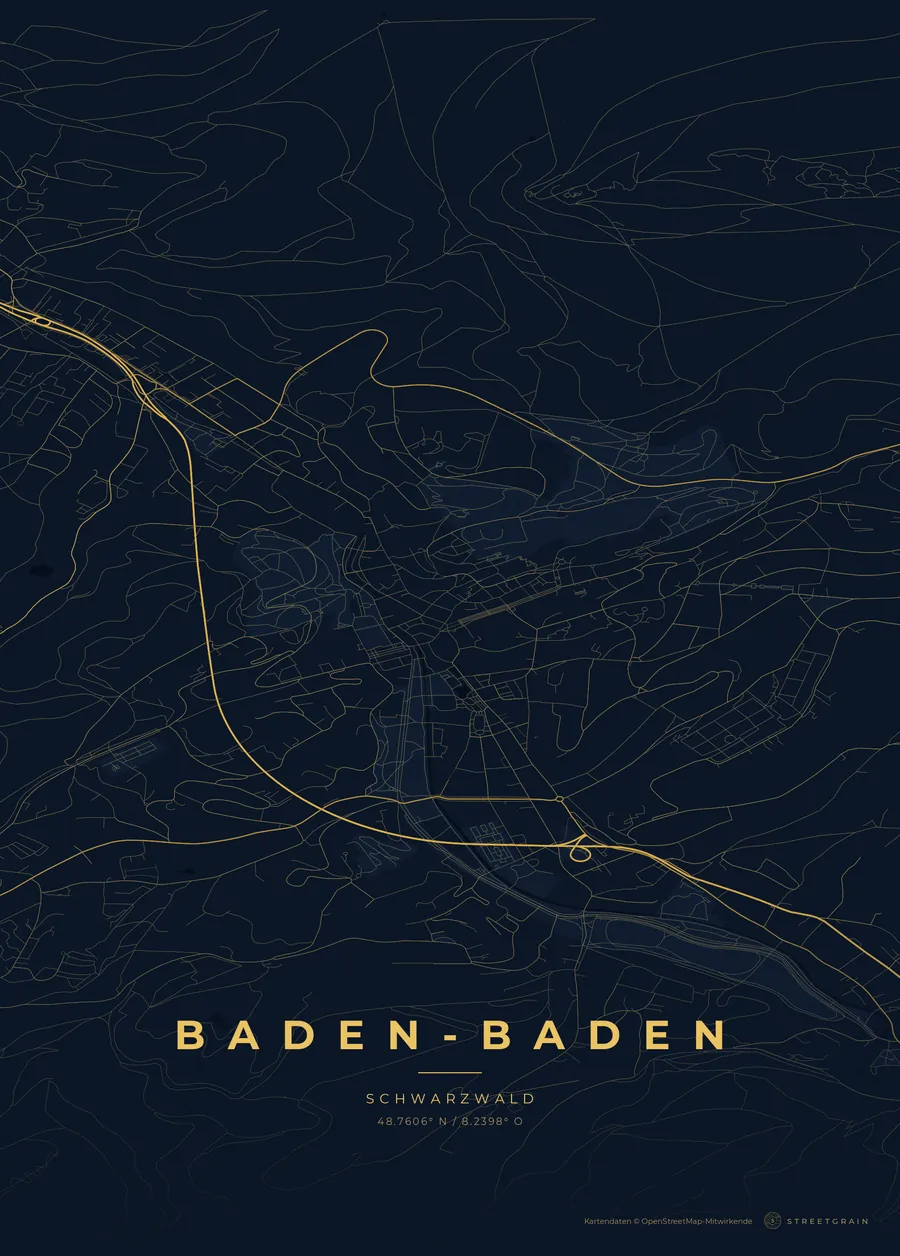 Baden-Baden-Karte in Nachtblau mit goldenen Hauptstraßen