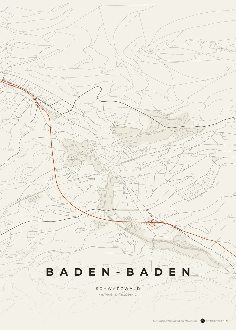 Baden-Baden-Karte in Papierweiß mit rostroten Hauptstraßen