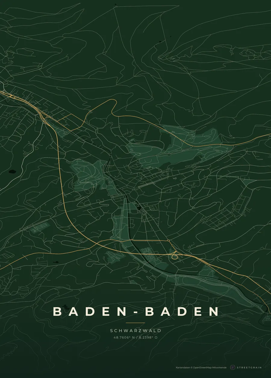 Baden-Baden-Karte in Schwarzwaldgrün mit cremefarbenen Straßen