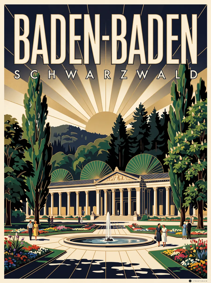 Trinkhalle in Baden-Baden mit Säulenhalle und Springbrunnen, Art déco