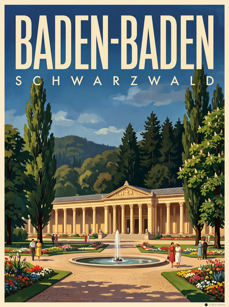 Trinkhalle in Baden-Baden mit Säulenhalle und Springbrunnen, Malerisch