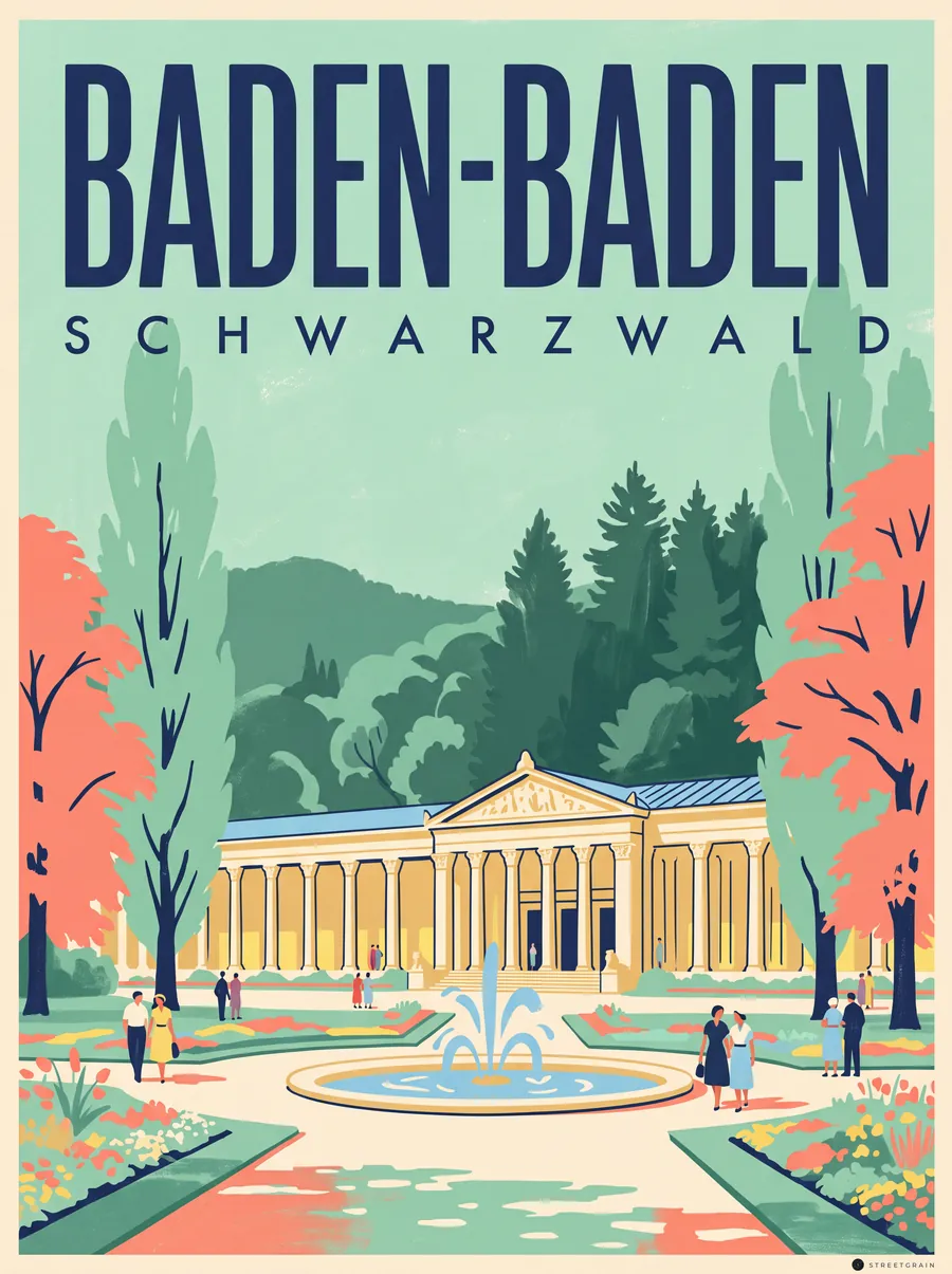 Trinkhalle in Baden-Baden mit Säulenhalle und Springbrunnen, Mid-Century