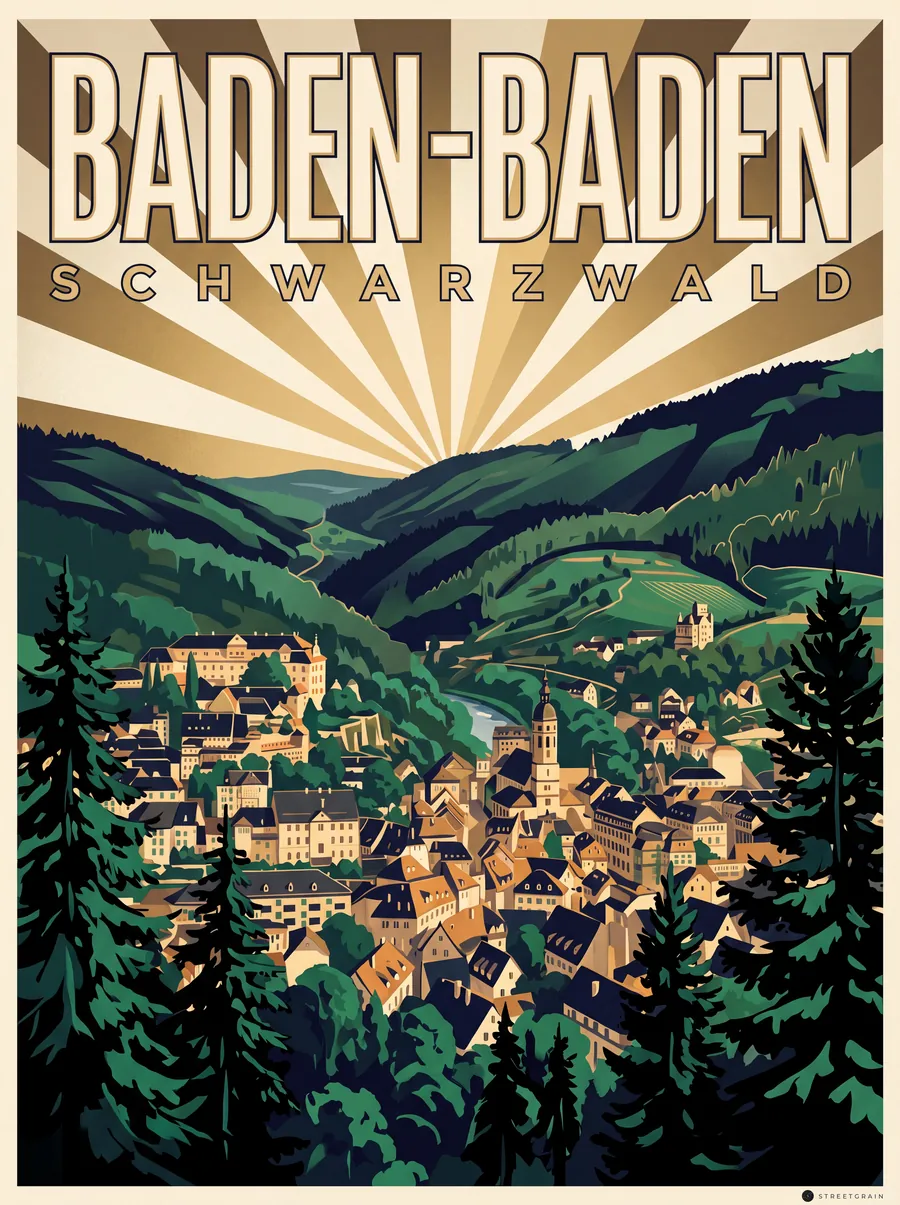 Baden-Baden im Tal zwischen bewaldeten Schwarzwaldhängen, Art déco