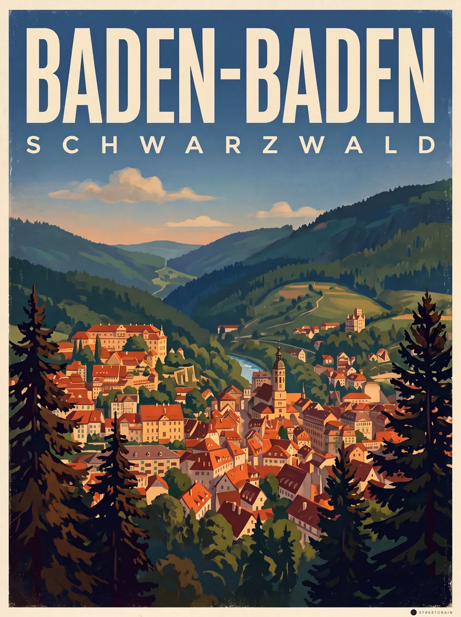 Baden-Baden im Tal zwischen bewaldeten Schwarzwaldhängen, Malerisch