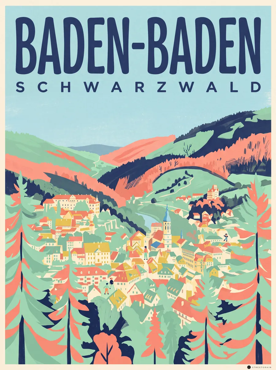Baden-Baden im Tal zwischen bewaldeten Schwarzwaldhängen, Mid-Century
