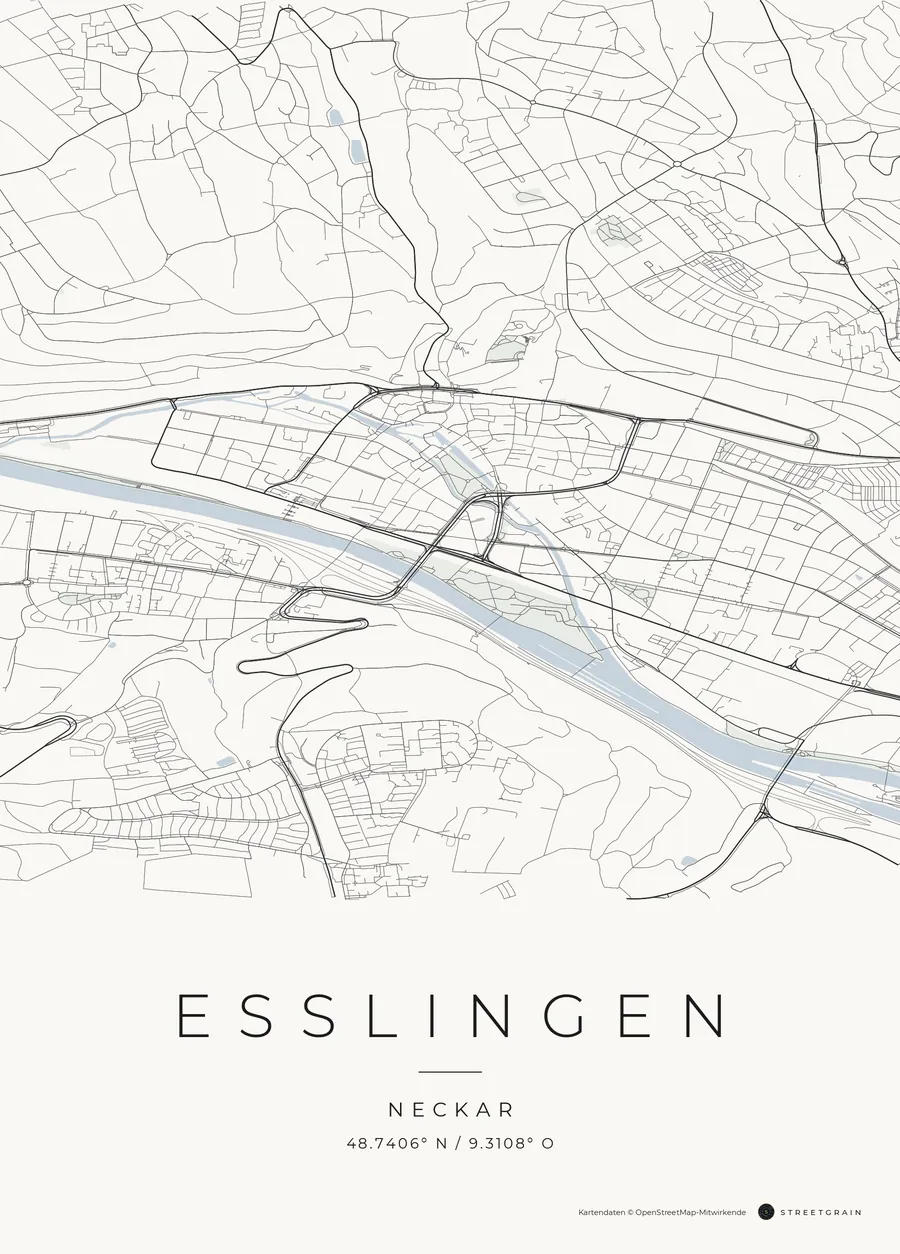 Esslingen-Karte in dunkle Straßen auf Weiß