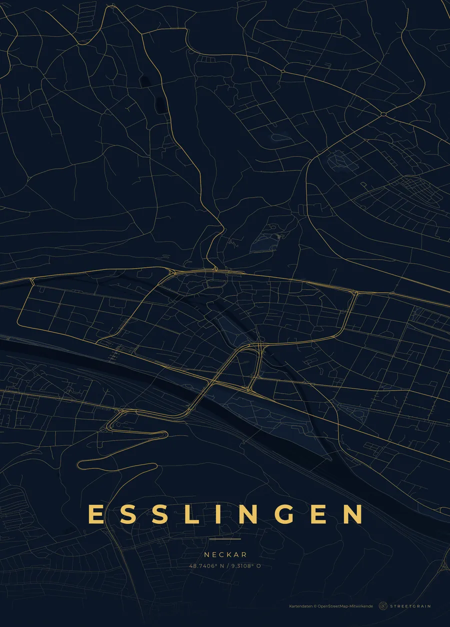 Esslingen-Karte in Nachtblau mit goldenen Hauptstraßen