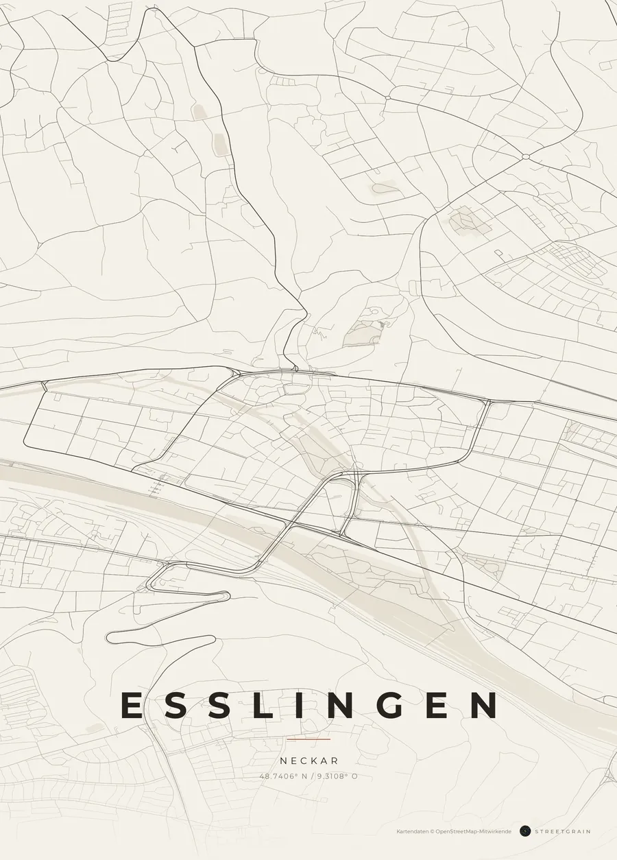 Esslingen-Karte in Papierweiß mit rostroten Hauptstraßen