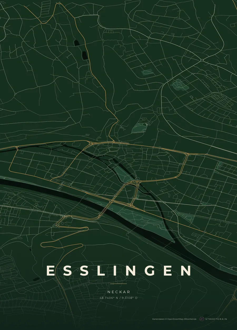 Esslingen-Karte in Schwarzwaldgrün mit cremefarbenen Straßen