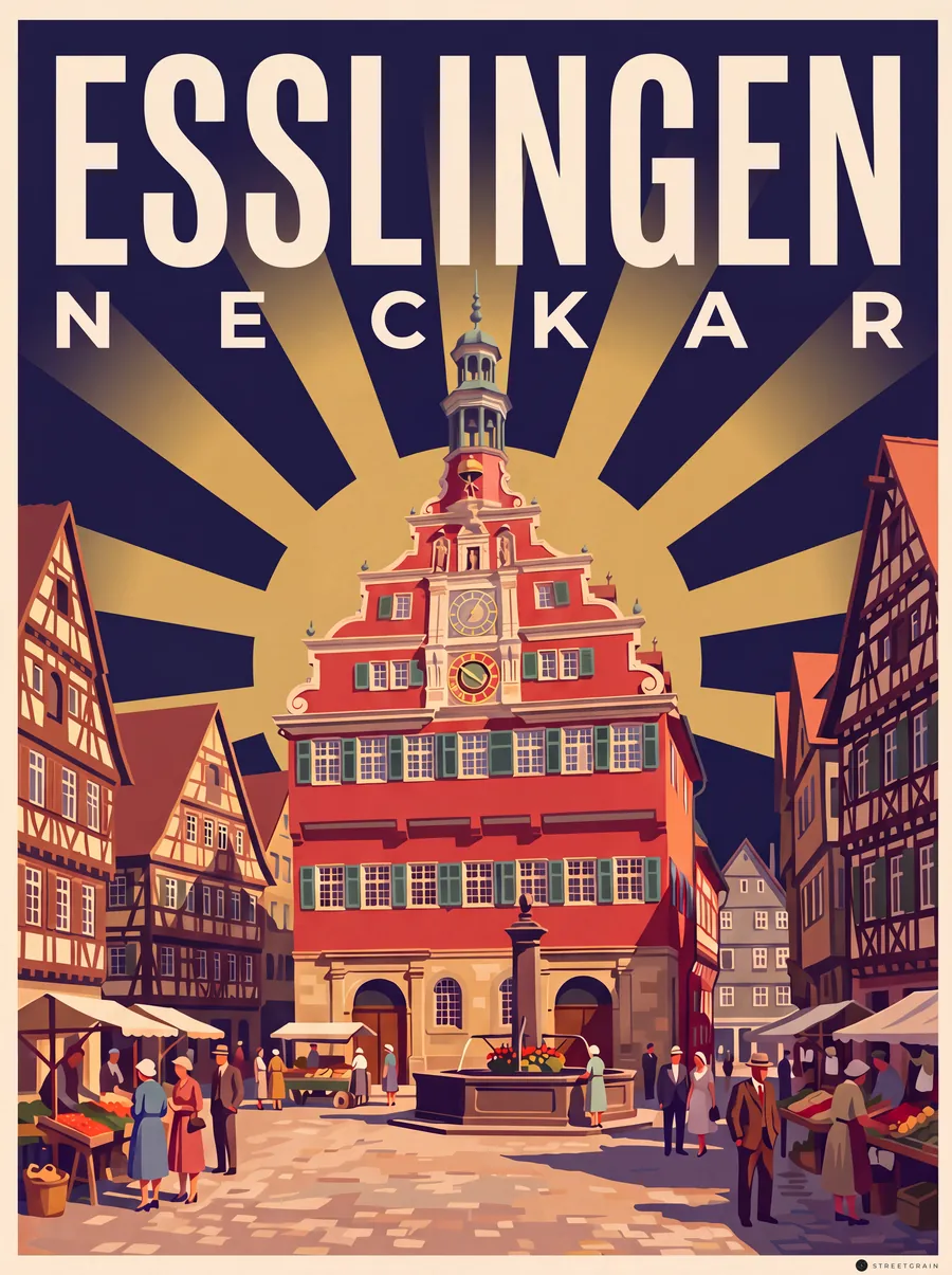 Altes Rathaus in Esslingen mit rotem Giebel, Uhr und Marktständen, Art déco