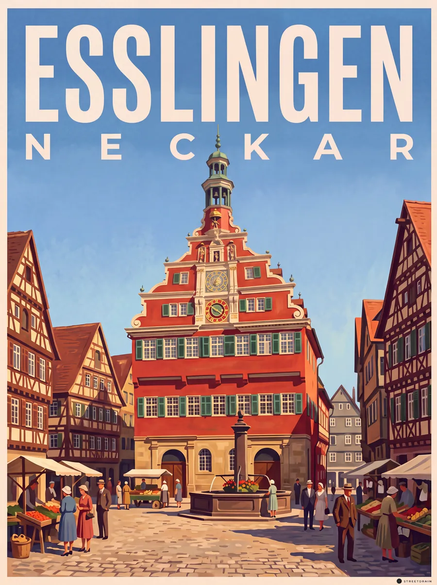 Altes Rathaus in Esslingen mit rotem Giebel, Uhr und Marktständen, Malerisch