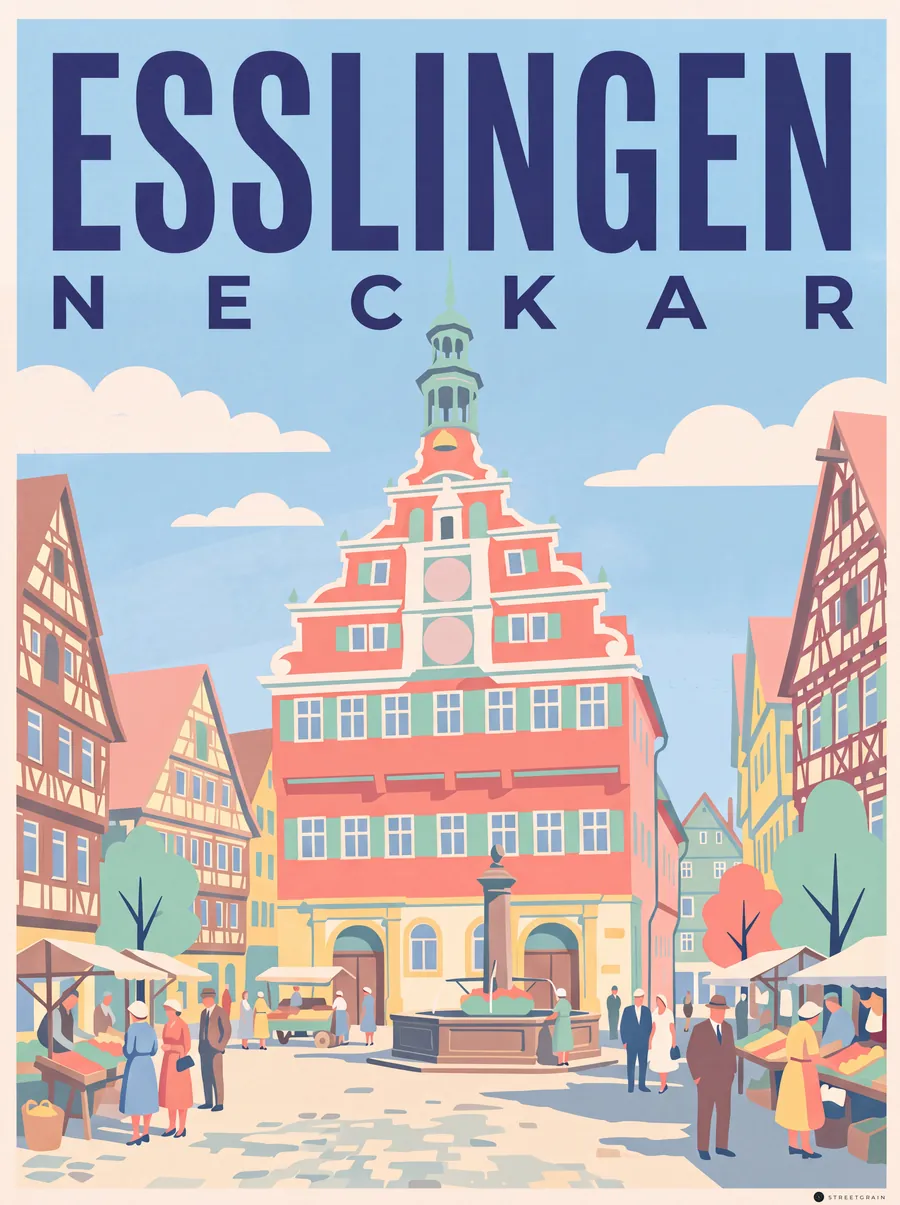 Altes Rathaus in Esslingen mit rotem Giebel, Uhr und Marktständen, Mid-Century