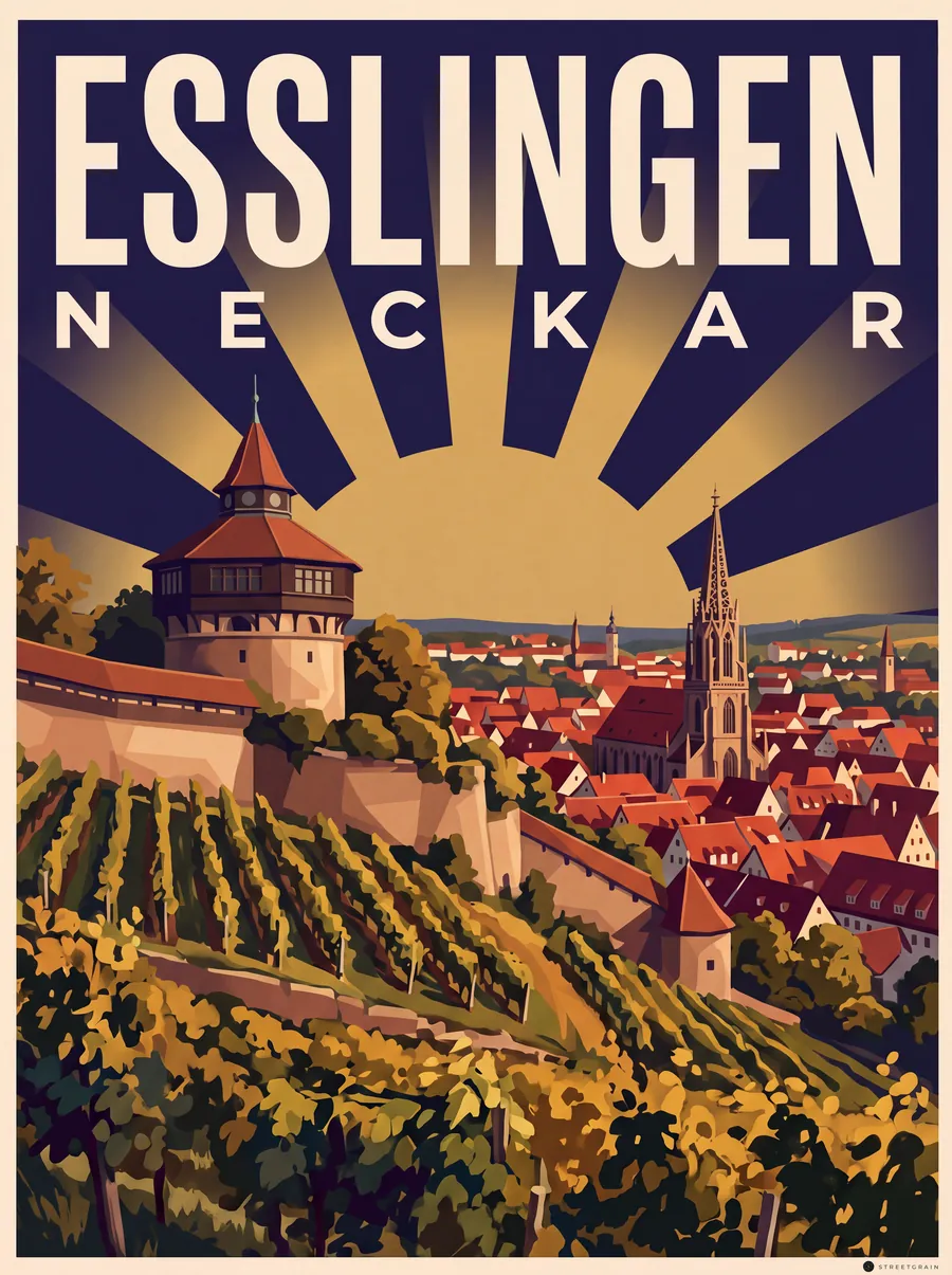 Esslinger Burg mit Dickem Turm über Weinbergen und Altstadt, Art déco