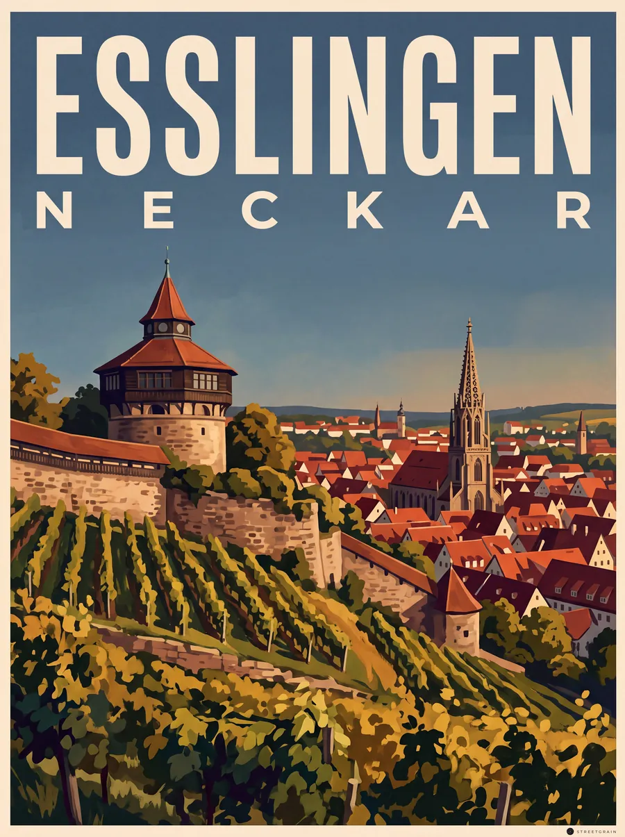 Esslinger Burg mit Dickem Turm über Weinbergen und Altstadt, Malerisch