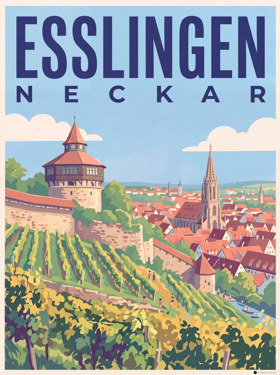 Esslinger Burg mit Dickem Turm über Weinbergen und Altstadt, Mid-Century