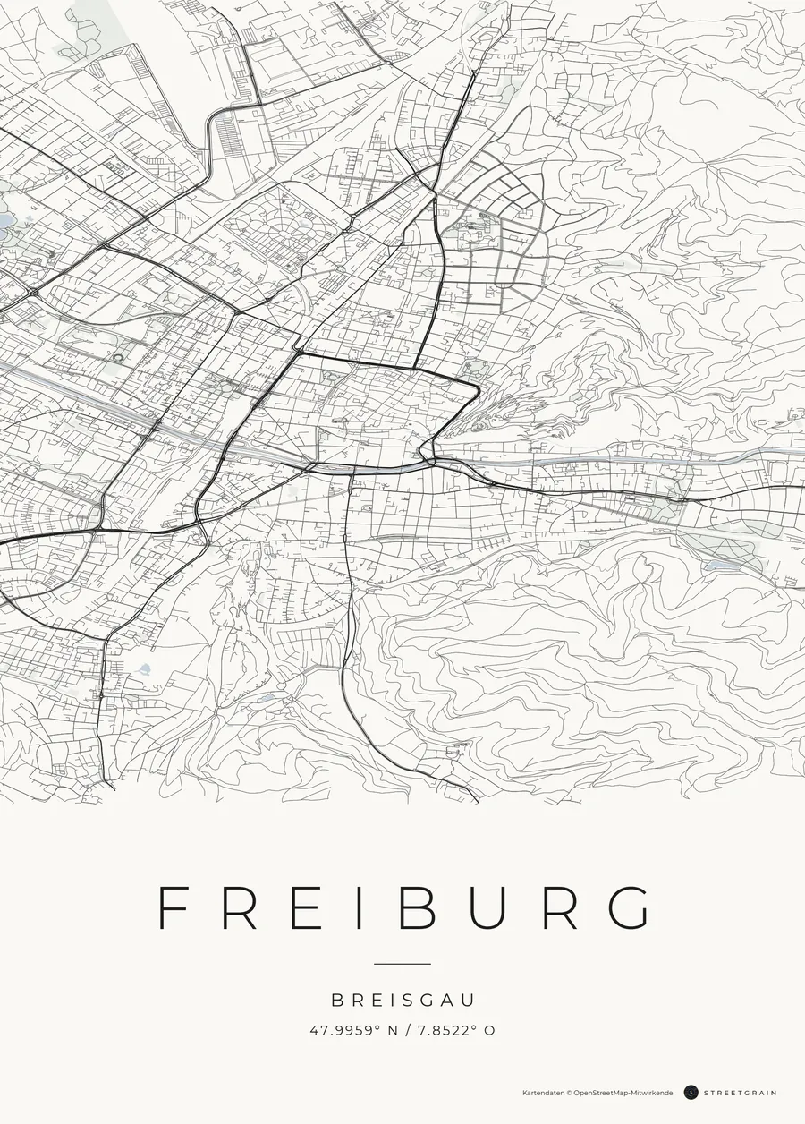 Freiburg-Karte in dunkle Straßen auf Weiß