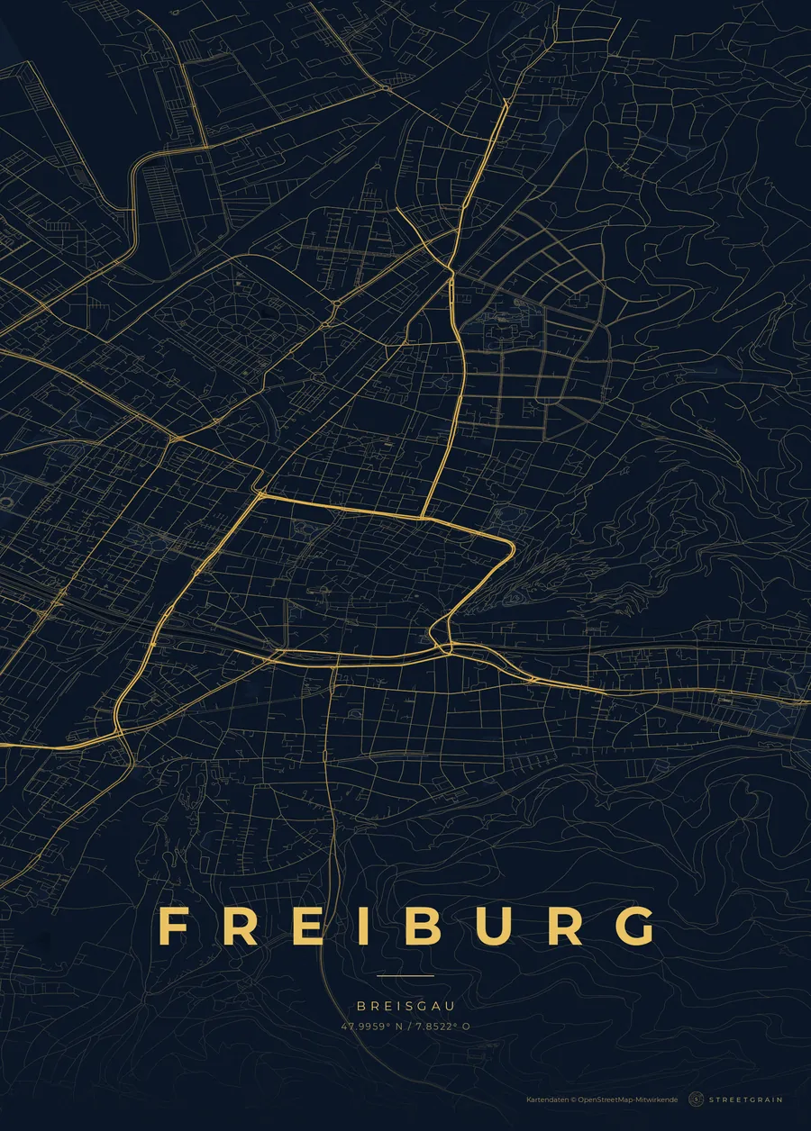 Freiburg-Karte in Nachtblau mit goldenen Hauptstraßen