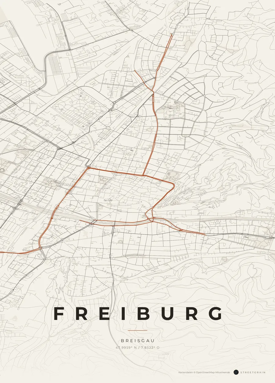 Freiburg-Karte in Papierweiß mit rostroten Hauptstraßen