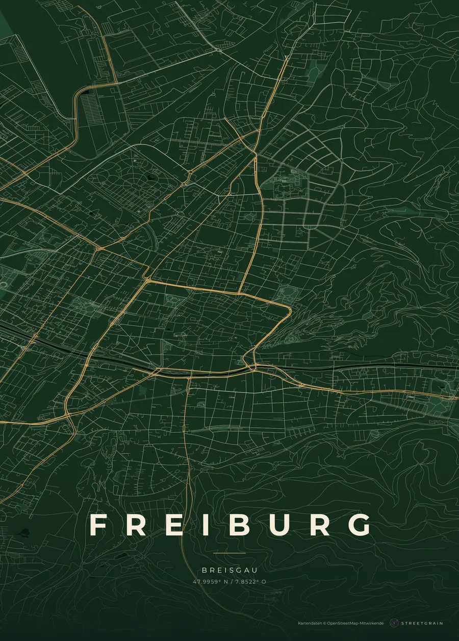 Freiburg-Karte in Schwarzwaldgrün mit cremefarbenen Straßen