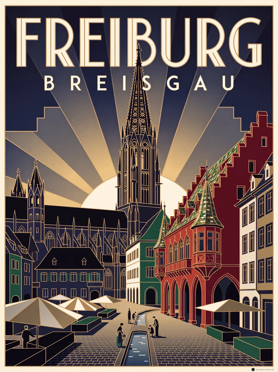 Freiburger Münsterplatz mit Münster, Historischem Kaufhaus und Bächle, Art déco