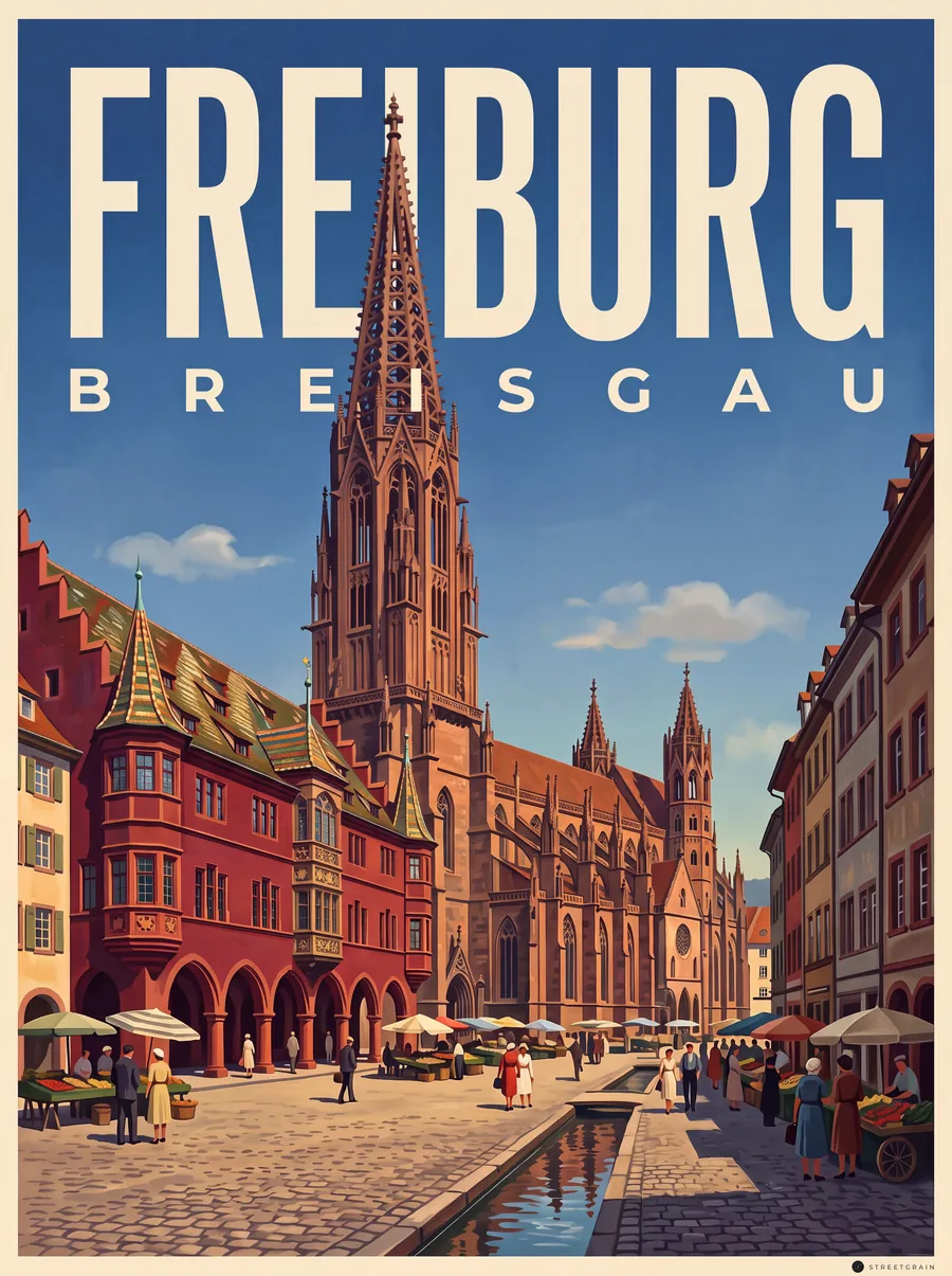 Freiburger Münsterplatz mit Münster, Historischem Kaufhaus und Bächle, Malerisch