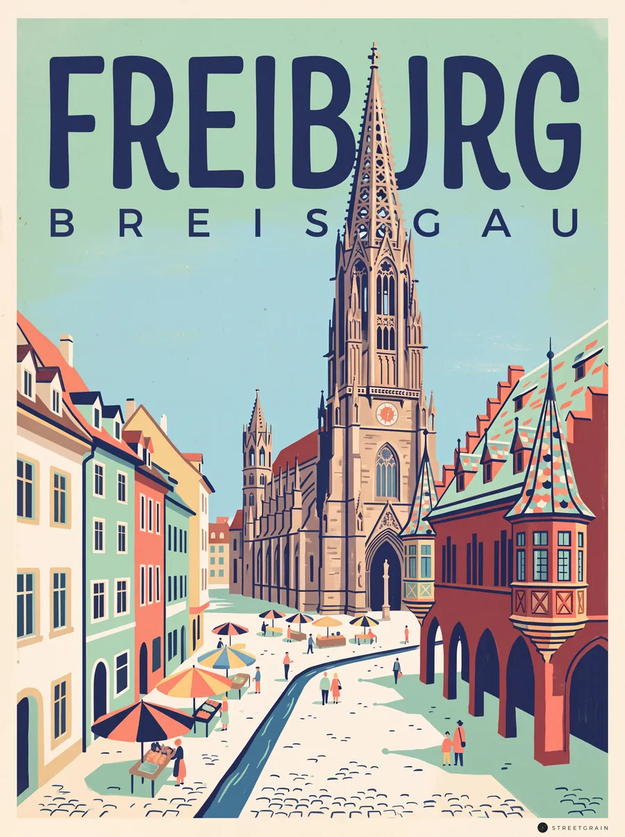 Freiburger Münsterplatz mit Münster, Historischem Kaufhaus und Bächle, Mid-Century
