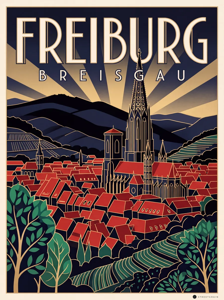 Freiburger Altstadt und Münster vom Schlossberg aus, Art déco