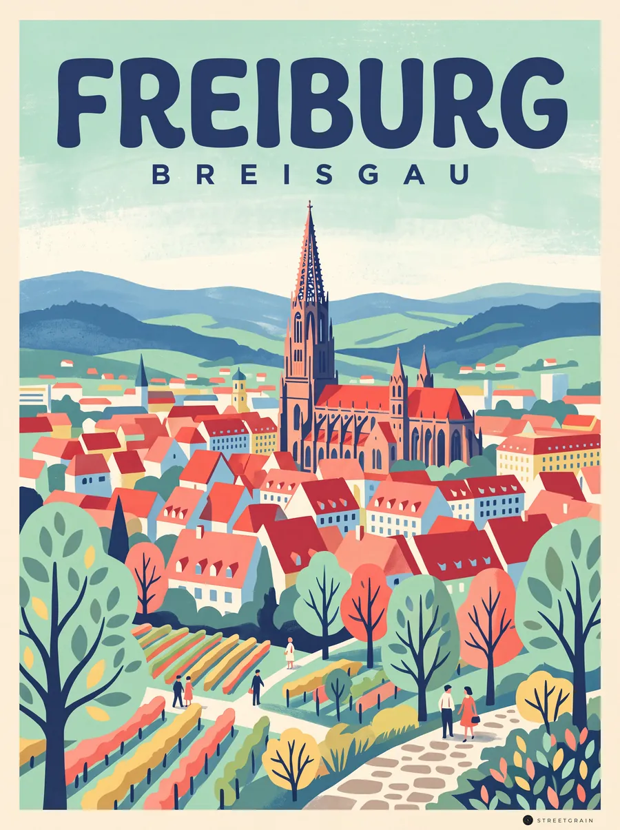 Freiburger Altstadt und Münster vom Schlossberg aus, Mid-Century