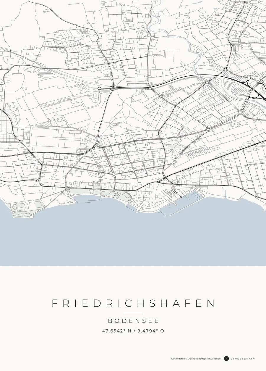Friedrichshafen-Karte in dunkle Straßen auf Weiß