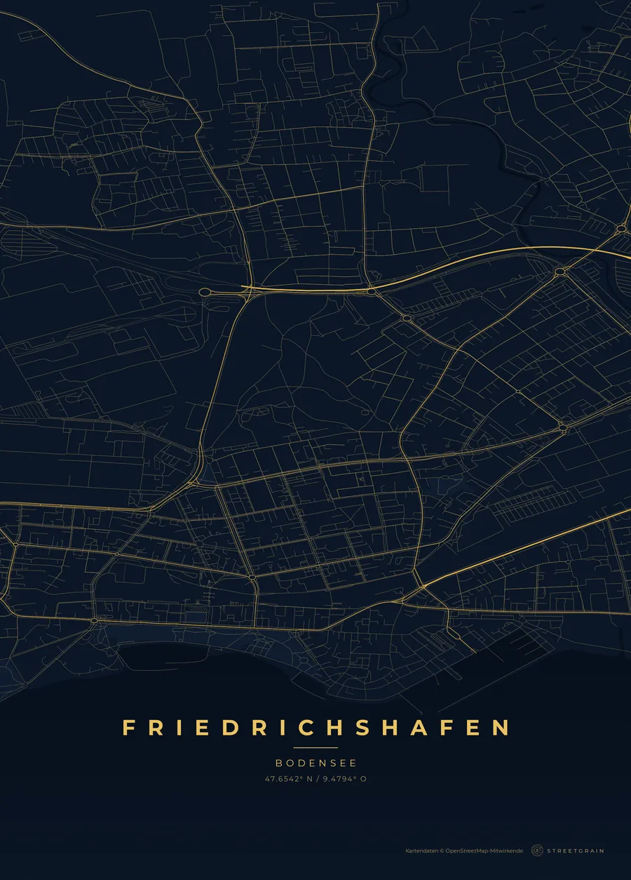 Friedrichshafen-Karte in Nachtblau mit goldenen Hauptstraßen