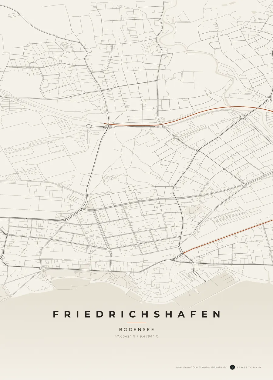 Friedrichshafen-Karte in Papierweiß mit rostroten Hauptstraßen