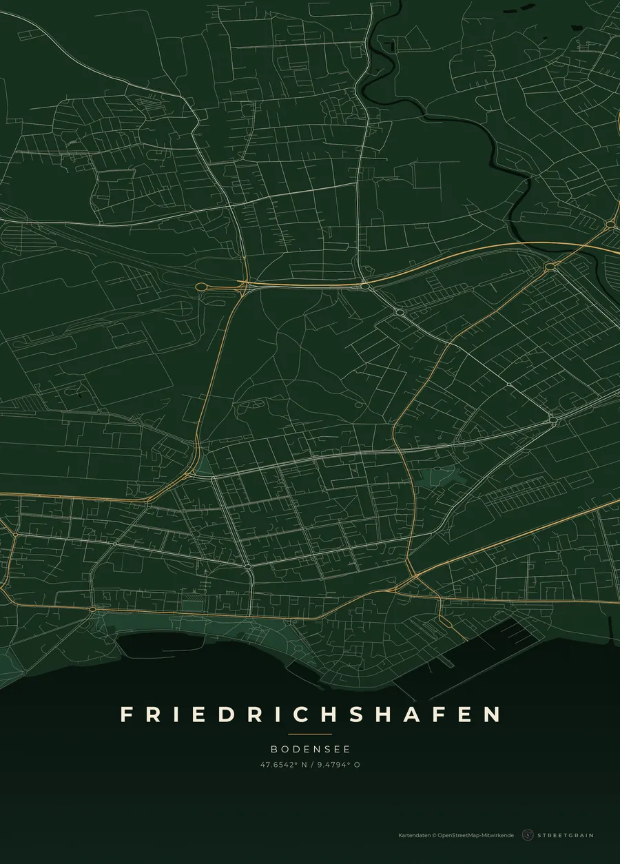 Friedrichshafen-Karte in Schwarzwaldgrün mit cremefarbenen Straßen
