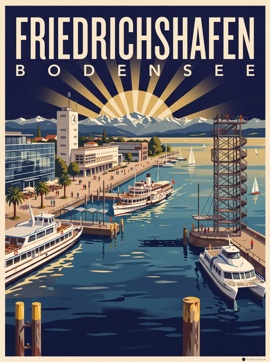 Hafen Friedrichshafen mit Moleturm, Schiffen und Alpen, Art déco