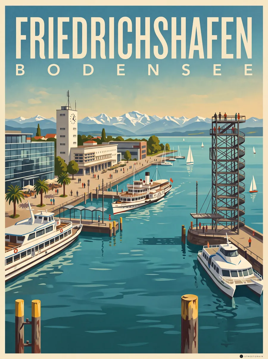 Hafen Friedrichshafen mit Moleturm, Schiffen und Alpen, Malerisch